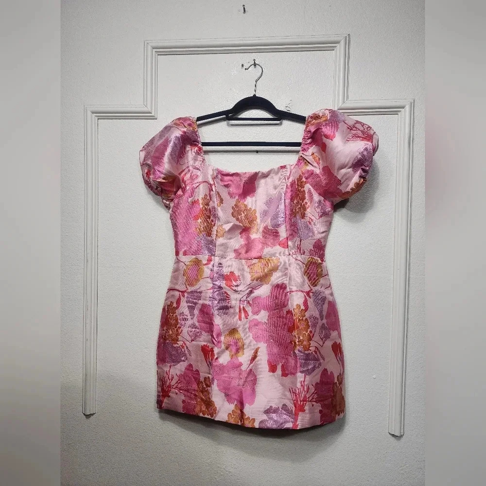 Lulus So Stunning Orange Multi Floral Jacquard Puff Sleeve Mini Dress Party - Picture 7 of 9